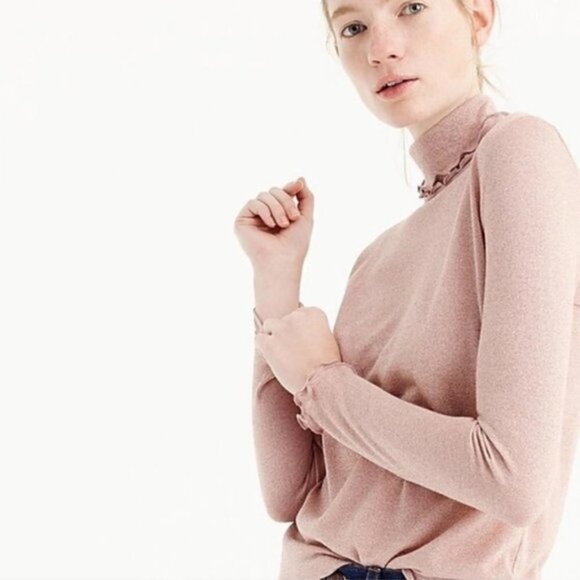 J. Crew Turtleneck Metallic Rose Gold Stretch Knit Ruffle Edge Top size Medium - Picture 3 of 16
